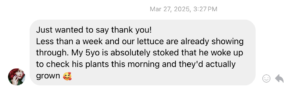 Excited child's message about growing lettuce plants.
