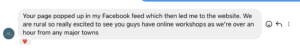 Facebook feedback praising online workshops for rural users.